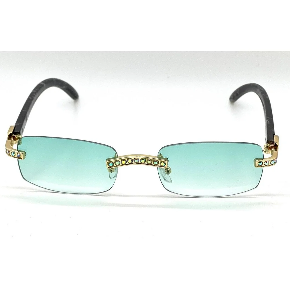 Rimless Sunglasses‎ Green Lens Rhinestone Accents Fashion Shades Diamond Shades